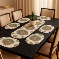 Jute Cotton Dining Mat combo Set 6+1 Floral White design